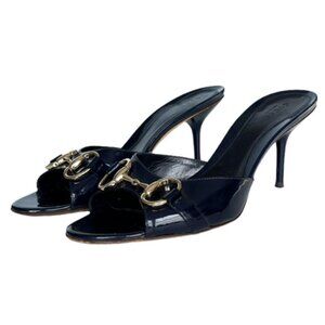 GUCCI Women's Patent Leather Horsebit Mule Heels Size 6.5B In Navy Blue
